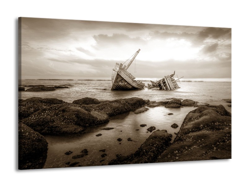 Canvas Schilderij Boot | Sepia | 140x90cm 1Luik