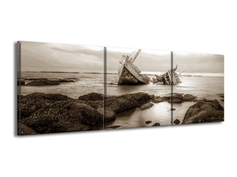 Canvas Schilderij Boot | Sepia | 150x50cm 3Luik