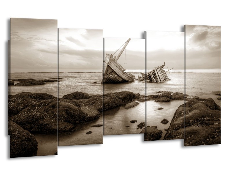 Glasschilderij Boot | Sepia | 150x80cm 5Luik