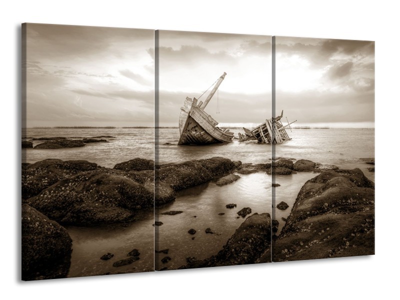 Glasschilderij Boot | Sepia | 165x100cm 3Luik