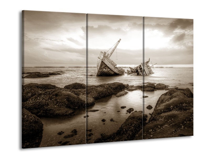 Canvas Schilderij Boot | Sepia | 60x90cm 3Luik