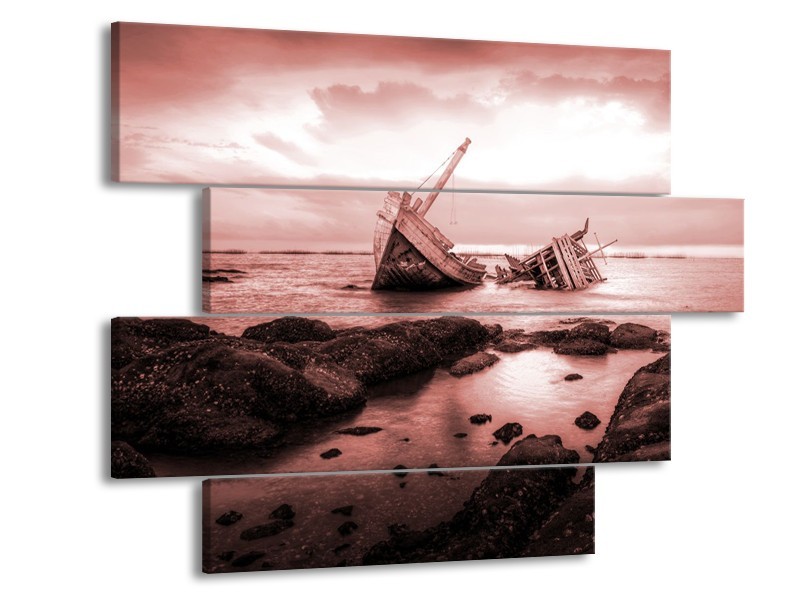 Canvas Schilderij Boot | Bruin, Rood | 115x85cm 4Luik