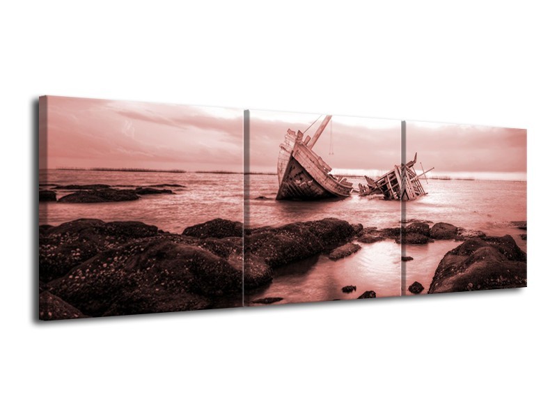 Glasschilderij Boot | Bruin, Rood | 120x40cm 3Luik