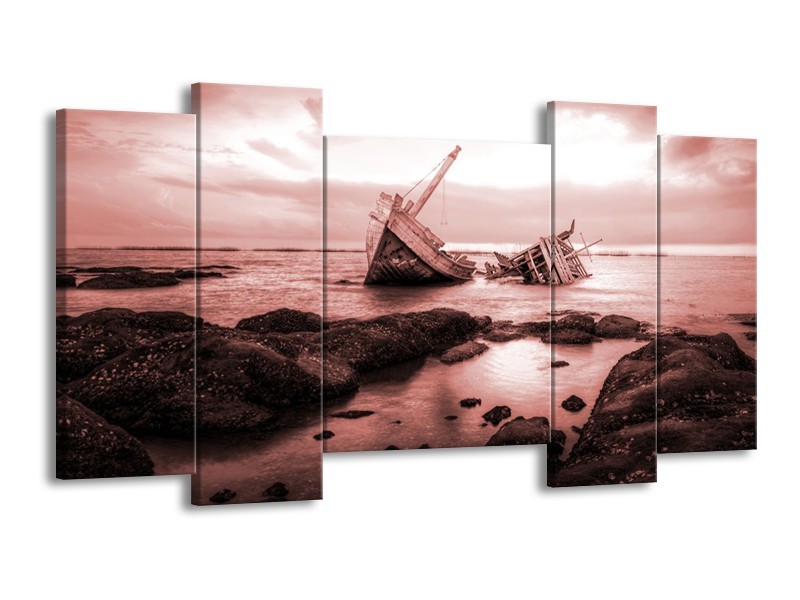 Canvas Schilderij Boot | Bruin, Rood | 120x65cm 5Luik