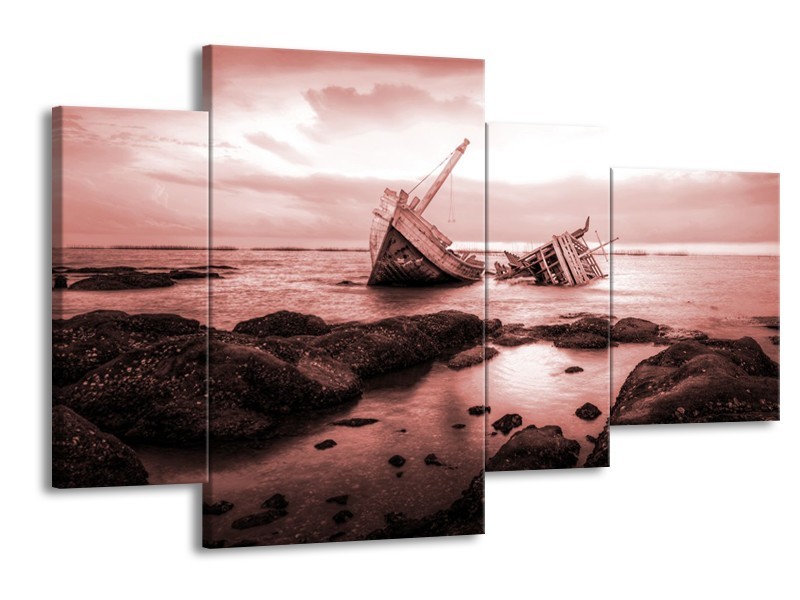 Canvas Schilderij Boot | Bruin, Rood | 120x75cm 4Luik