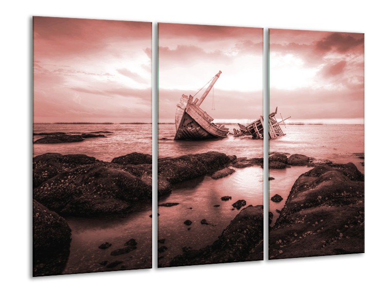 Canvas Schilderij Boot | Bruin, Rood | 120x80cm 3Luik