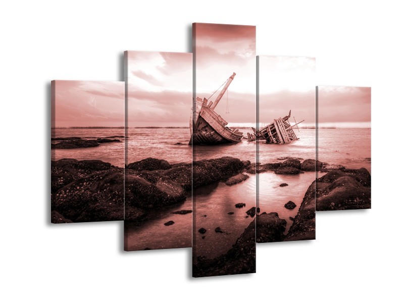 Canvas Schilderij Boot | Bruin, Rood | 150x105cm 5Luik