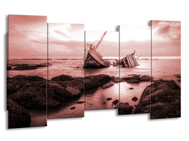 Canvas Schilderij Boot | Bruin, Rood | 150x80cm 5Luik