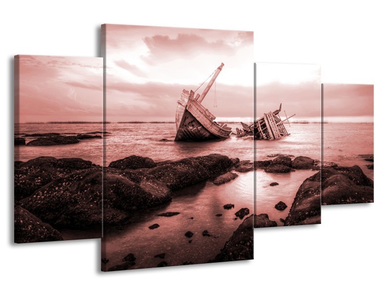 Canvas Schilderij Boot | Bruin, Rood | 160x90cm 4Luik