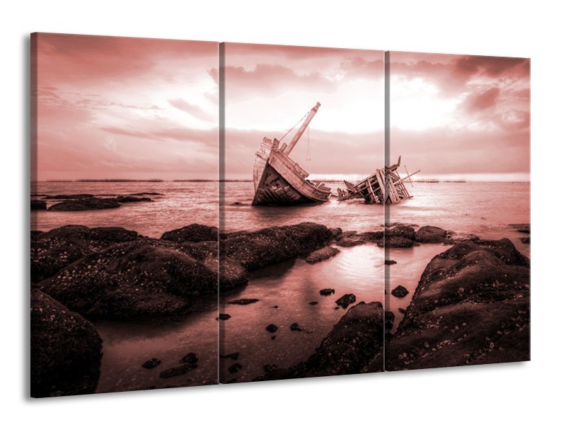 Canvas Schilderij Boot | Bruin, Rood | 165x100cm 3Luik