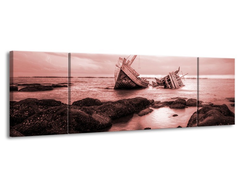 Canvas Schilderij Boot | Bruin, Rood | 170x50cm 3Luik