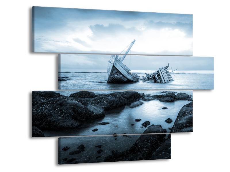 Canvas Schilderij Boot | Blauw, Grijs | 115x85cm 4Luik