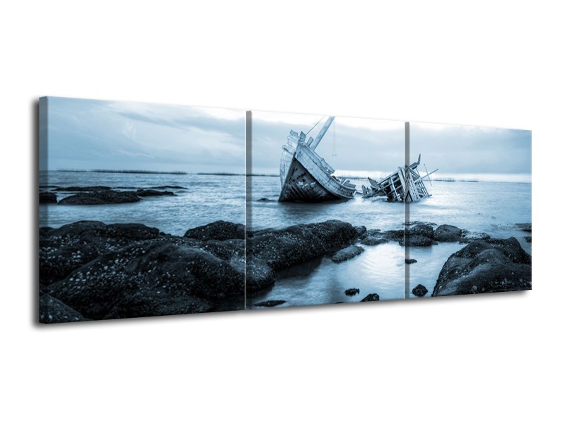 Canvas Schilderij Boot | Blauw, Grijs | 120x40cm 3Luik