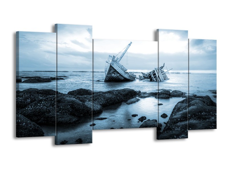 Canvas Schilderij Boot | Blauw, Grijs | 120x65cm 5Luik