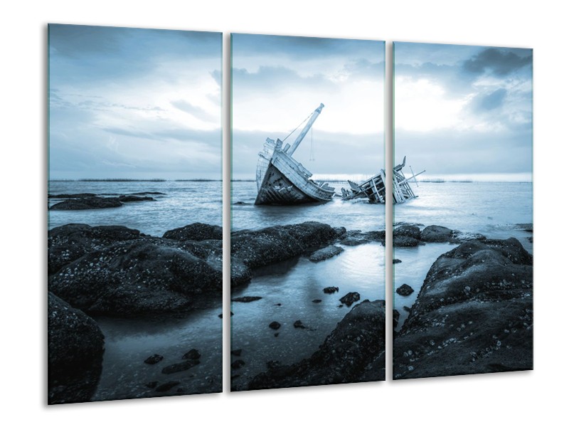 Glasschilderij Boot | Blauw, Grijs | 120x80cm 3Luik