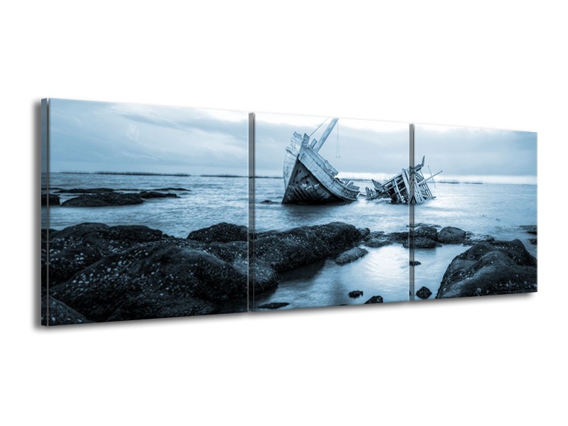 Canvas Schilderij Boot | Blauw, Grijs | 150x50cm 3Luik