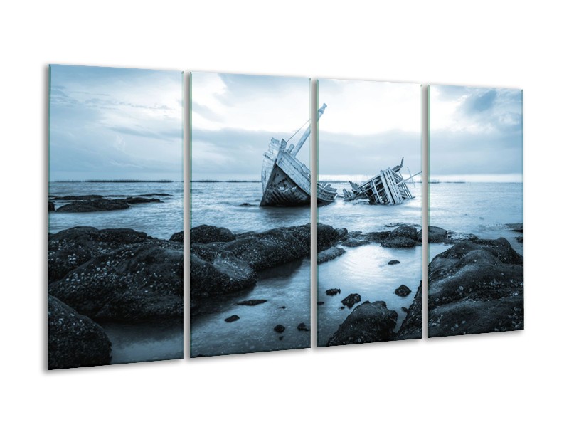 Canvas Schilderij Boot | Blauw, Grijs | 160x80cm 4Luik