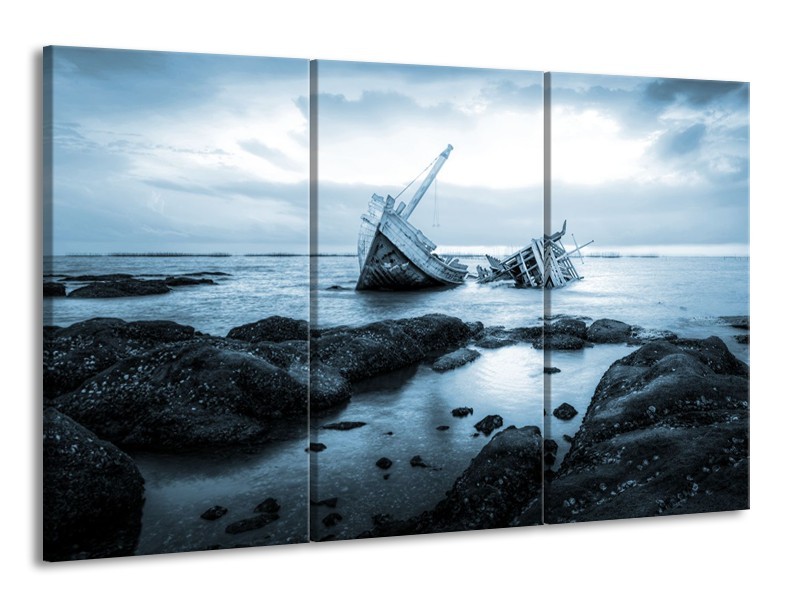 Canvas Schilderij Boot | Blauw, Grijs | 165x100cm 3Luik