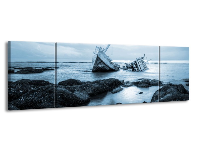 Canvas Schilderij Boot | Blauw, Grijs | 170x50cm 3Luik