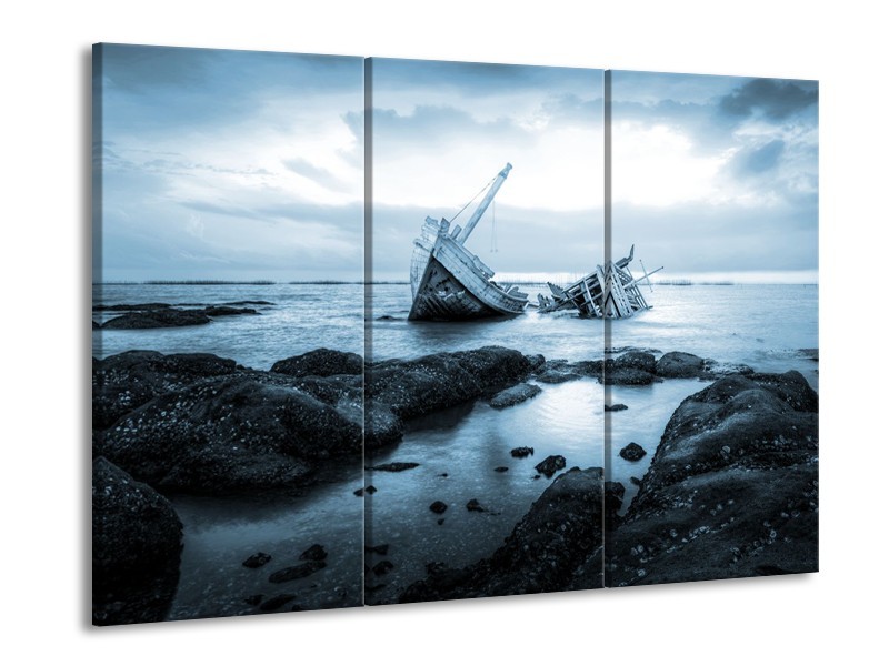 Canvas Schilderij Boot | Blauw, Grijs | 60x90cm 3Luik