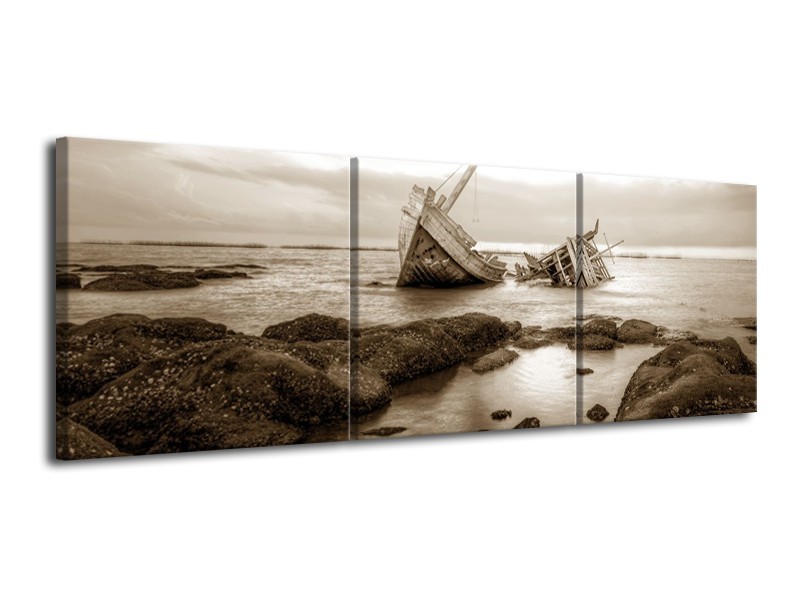 Glasschilderij Boot | Sepia | 120x40cm 3Luik