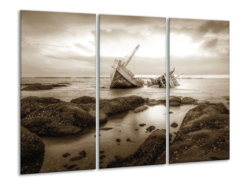 Canvas Schilderij Boot | Sepia | 120x80cm 3Luik