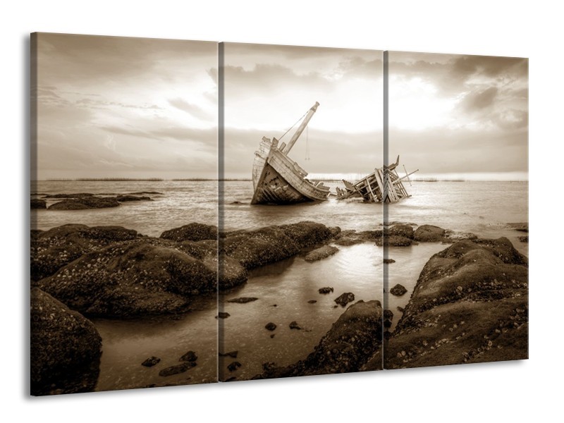 Canvas Schilderij Boot | Sepia | 165x100cm 3Luik
