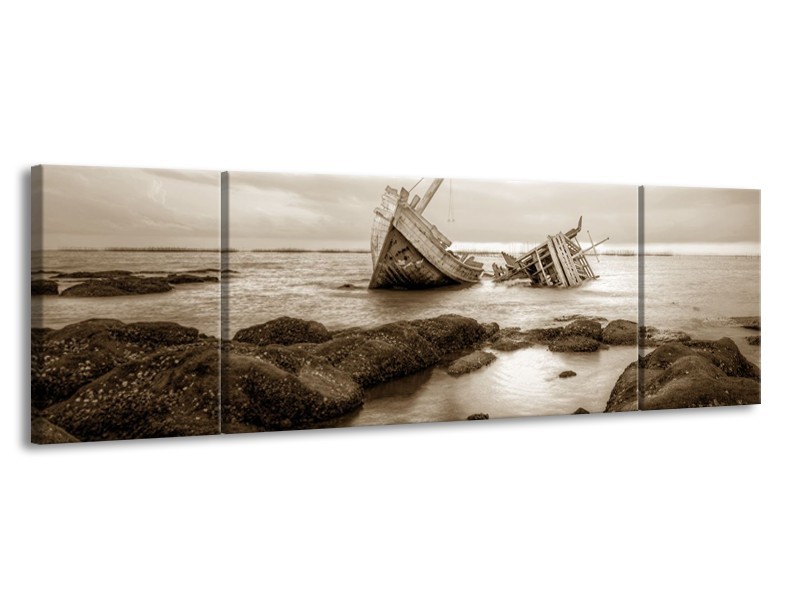 Canvas Schilderij Boot | Sepia | 170x50cm 3Luik