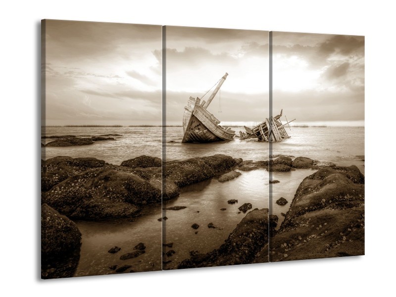 Canvas Schilderij Boot | Sepia | 60x90cm 3Luik