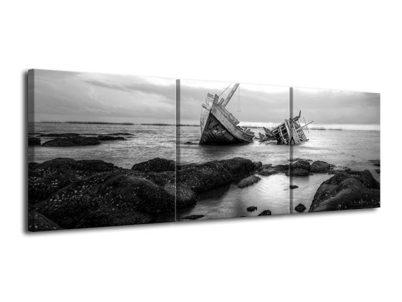 Canvas Schilderij Boot | Zwart, Grijs | 120x40cm 3Luik