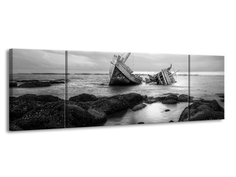 Canvas Schilderij Boot | Zwart, Grijs | 170x50cm 3Luik