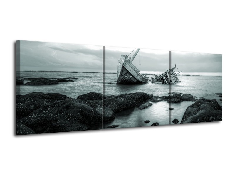 Glasschilderij Boot | Grijs, Groen | 120x40cm 3Luik