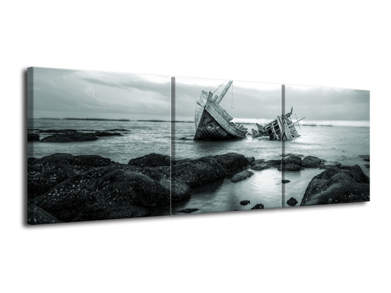 Canvas Schilderij Boot | Grijs, Groen | 120x40cm 3Luik