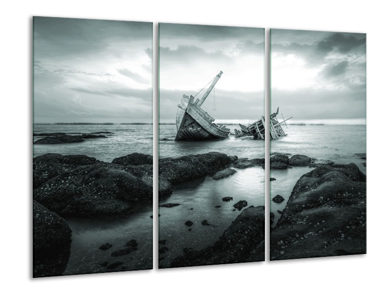 Canvas Schilderij Boot | Grijs, Groen | 120x80cm 3Luik