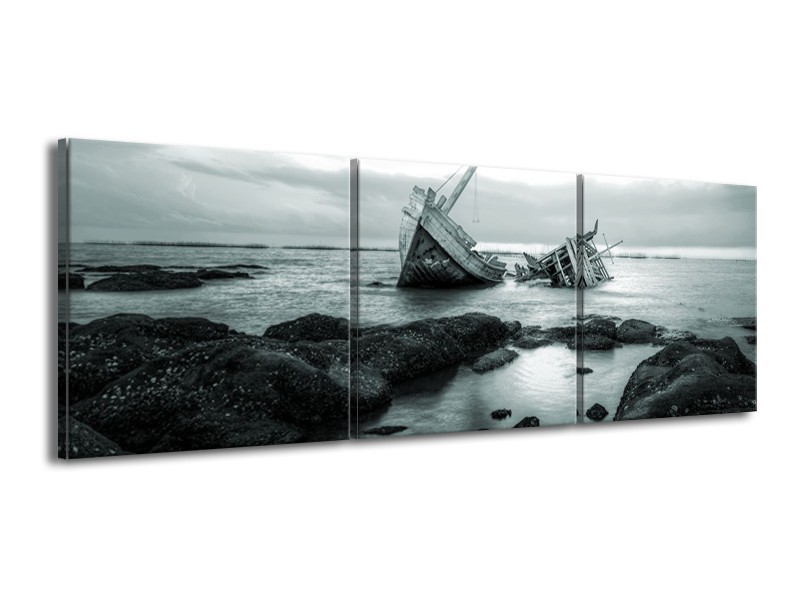 Canvas Schilderij Boot | Grijs, Groen | 150x50cm 3Luik