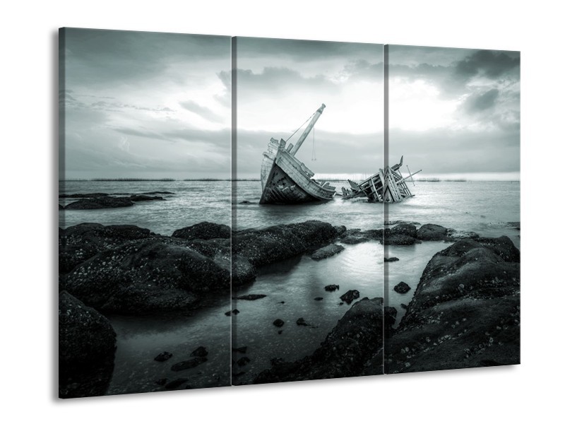 Canvas Schilderij Boot | Grijs, Groen | 60x90cm 3Luik