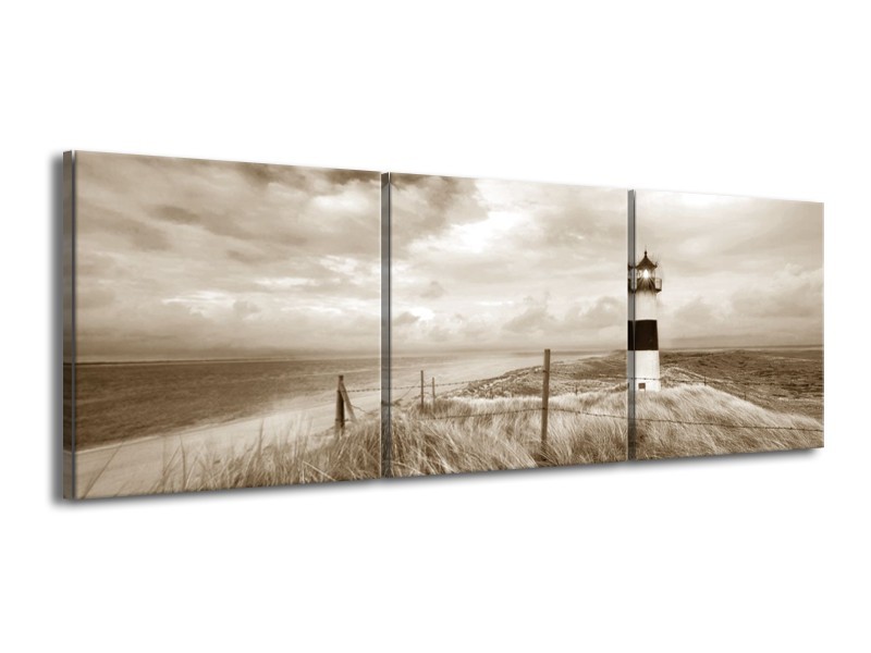 Canvas Schilderij Vuurtoren | Sepia | 150x50cm 3Luik