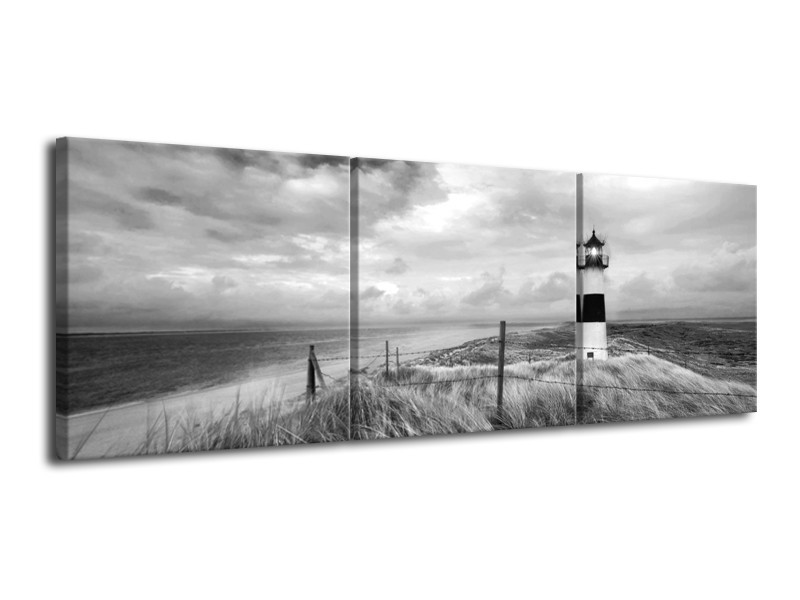 Canvas Schilderij Vuurtoren | Grijs, Zwart, Wit | 120x40cm 3Luik