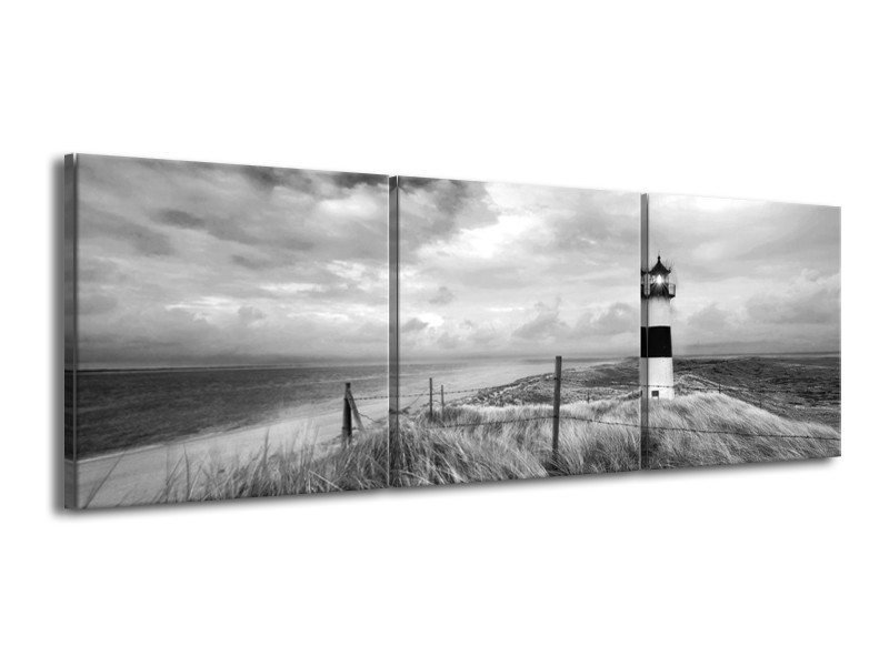 Canvas Schilderij Vuurtoren | Grijs, Zwart, Wit | 150x50cm 3Luik