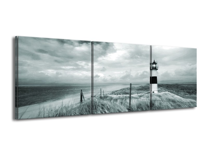 Canvas Schilderij Vuurtoren | Grijs, Groen | 150x50cm 3Luik