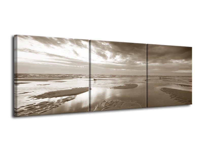 Canvas Schilderij Zee | Sepia | 120x40cm 3Luik