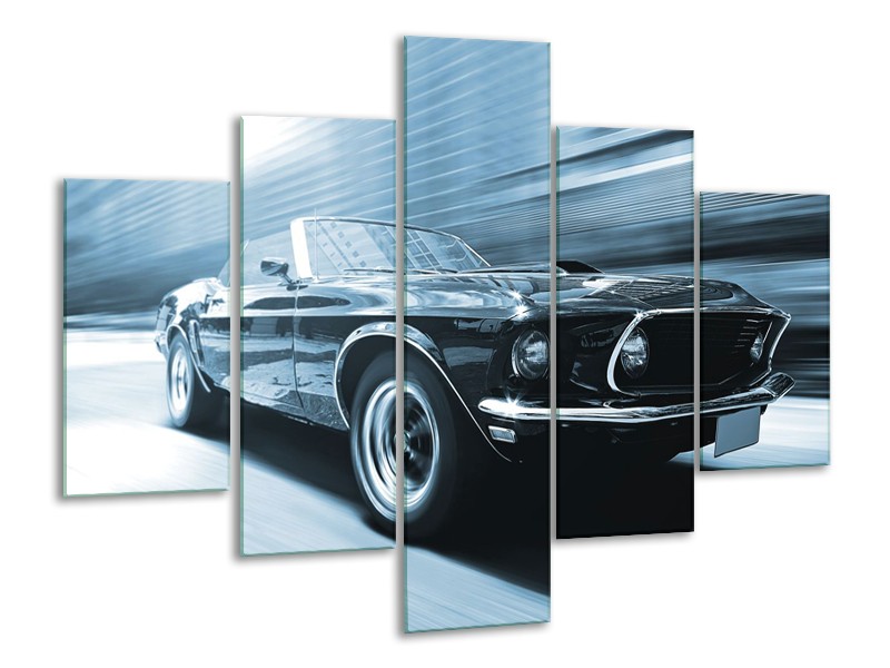 Canvas Schilderij Auto, Mustang | Blauw, Wit | 100x70cm 5Luik