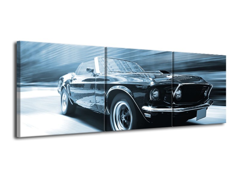 Canvas Schilderij Auto, Mustang | Blauw, Wit | 120x40cm 3Luik