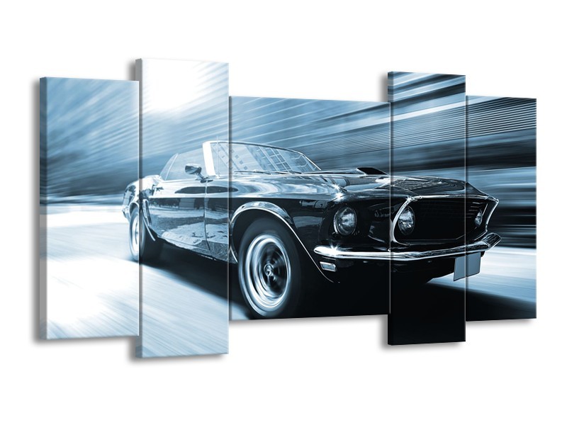 Canvas Schilderij Auto, Mustang | Blauw, Wit | 120x65cm 5Luik