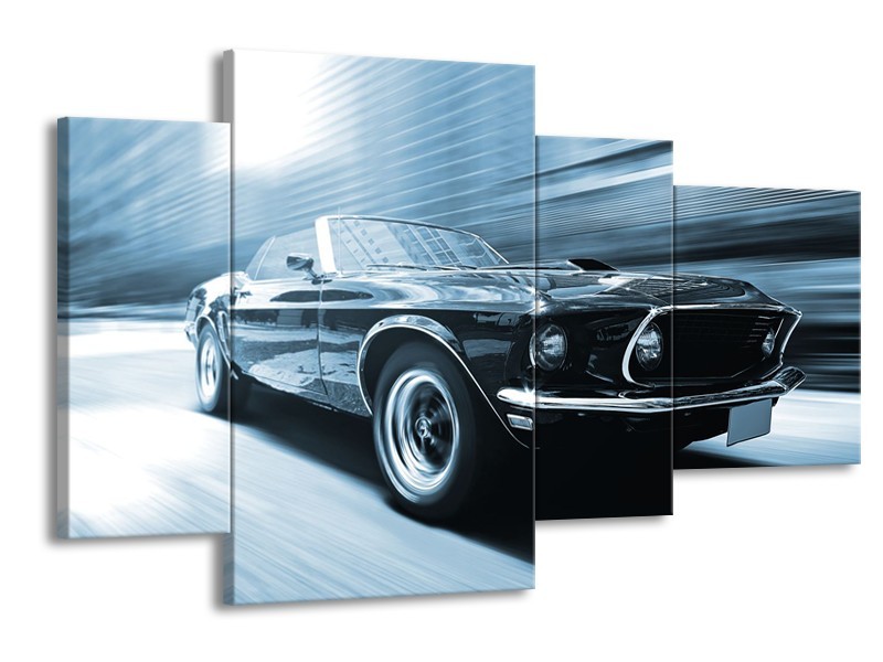 Canvas Schilderij Auto, Mustang | Blauw, Wit | 120x75cm 4Luik