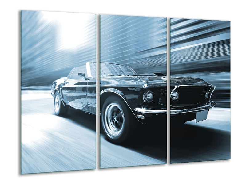 Canvas Schilderij Auto, Mustang | Blauw, Wit | 120x80cm 3Luik
