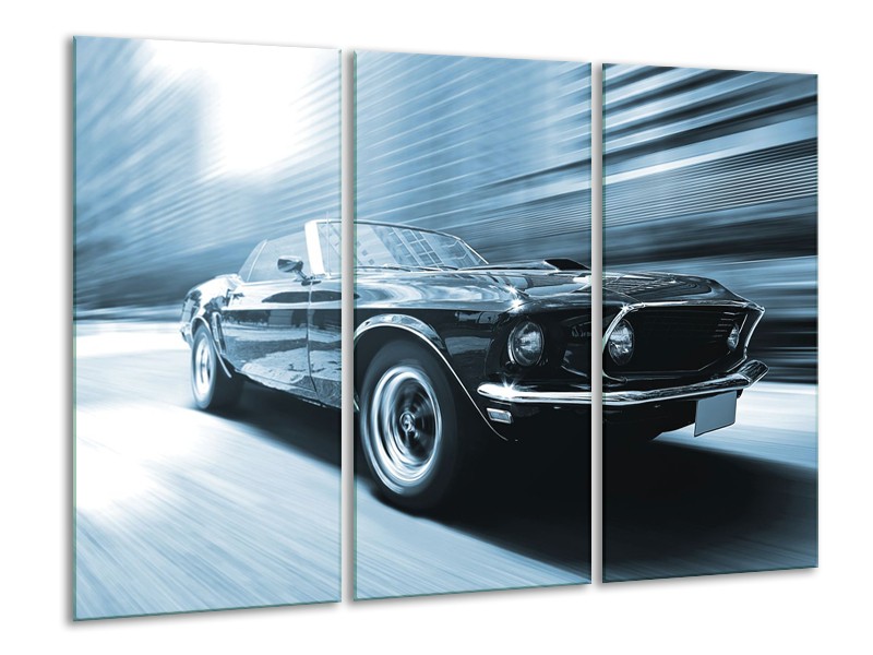 Glasschilderij Auto, Mustang | Blauw, Wit | 120x80cm 3Luik