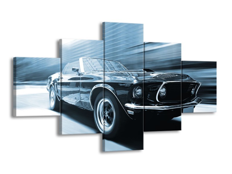 Canvas Schilderij Auto, Mustang | Blauw, Wit | 125x70cm 5Luik