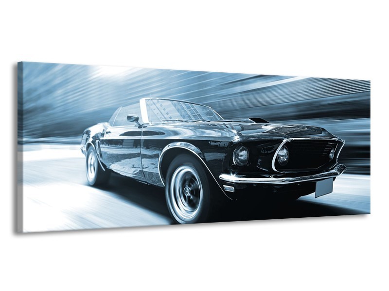 Canvas Schilderij Auto, Mustang | Blauw, Wit | 145x58cm 1Luik