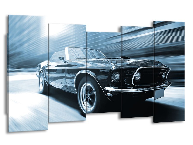 Canvas Schilderij Auto, Mustang | Blauw, Wit | 150x80cm 5Luik